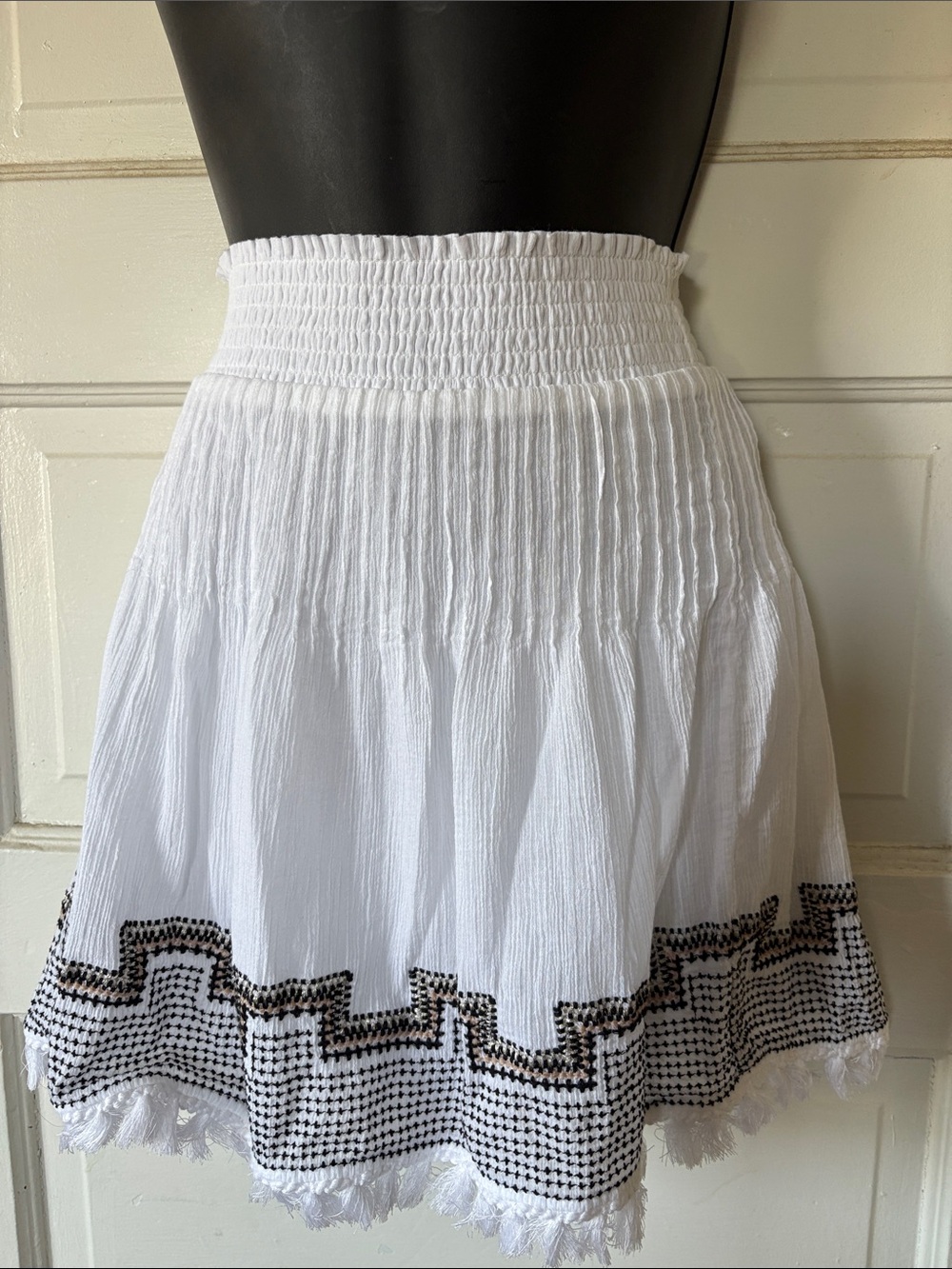J.Crew White Tiered Smocked Waist Skirt with Black Embroidery